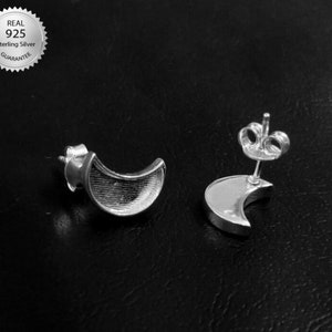 925 Sterling Silver Half Moon Shape Studs Blank Bezel Setting, Depth 2MM, Studs Base, Crescent Moon DIY, Star Shape Bezels For Resin