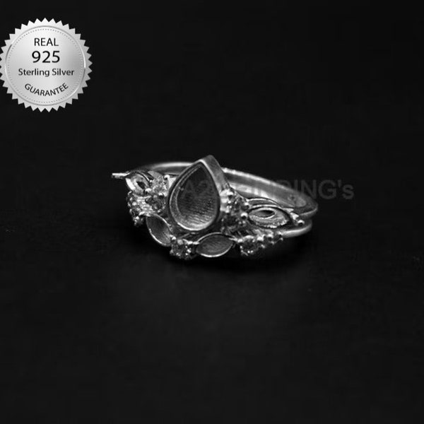 925 Sterling Silver Pear Shape Ring DIY With Marquise And Round CZ, Engagement Ring , For Resin, Ashes, Gemstone Work, Keepsake Ring Bezel