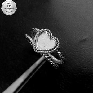 925 Sterling Silver Rope Wire Heart Shape Ring Blank Setting DIY With Rope Band, Blank Ring CUP, Bezel For Resin And Gemstones Work