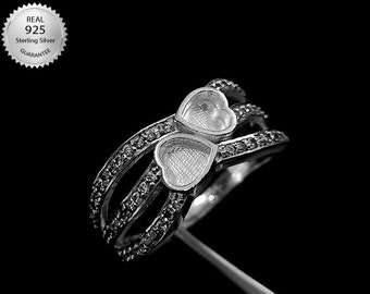 Double Heart Ring Bezel With 925 Sterling Silver 2mm Deep CZ Gemstone Ring, Good for Gemstone Setting & Resin Work,925 Sterling Silver Ring