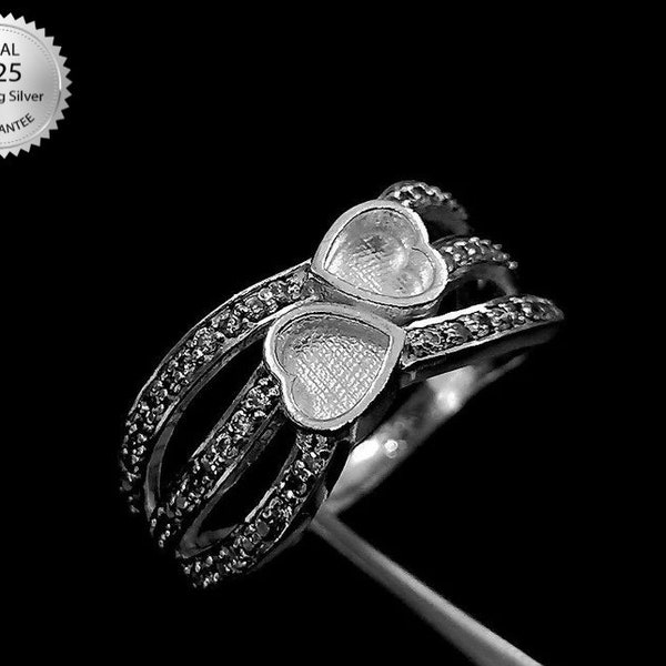 Lunette double cœur avec bague en argent sterling 925 avec pierres précieuses CZ de 2 mm de profondeur, idéale pour le réglage des pierres précieuses et le travail de la résine, bague en argent sterling 925