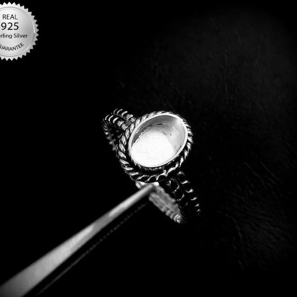 925 Stamped Sterling Silver Oval Shape Bezel Ring With Flat Rope Band, For Resin Jewelry Making, Ring Bezel DIY CUP Setting