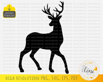 Silueta de reno Svg, Eps vectorial de reno, Plantilla de ciervo, Archivo de corte de reno, Decoración de Navidad Dxf, Imágenes prediseñadas de invierno, Silueta Cricut