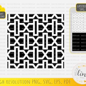 Puede incluir: Patrón geométrico en blanco y negro con un diseño repetitivo de cuadrados y rectángulos. El patrón está en capas y se puede utilizar para proyectos de manualidades, scrapbooking o diseño digital. La imagen incluye el texto "Layered SVG".