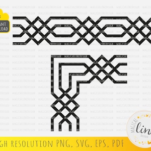 Puede incluir: Diseño de borde geométrico negro, disponible como descarga digital en formatos PNG, SVG, EPS y PDF. El diseño presenta un patrón repetitivo de formas interconectadas, con un elemento de esquina. Incluye el texto "Descarga instantánea".