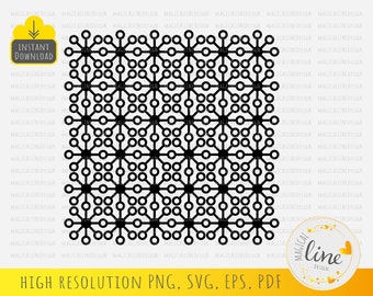 May include: Black and white geometric pattern with a repeating design of circles and lines. The pattern is made up of a grid of circles, each connected to its neighbours by four lines. The lines form a starburst pattern around each circle.