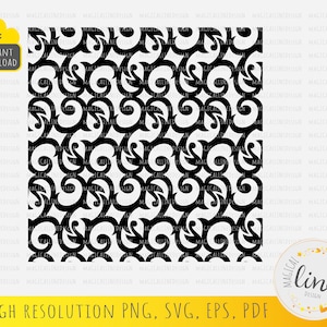May include: Black and white seamless pattern with a repeating design of stylized swirls and curves. The pattern is suitable for use as a background or for creating decorative elements.