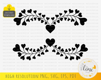 Heart Border Svg, Heart leaves Svg, Heart Branch Svg, Flourish eps, Heart Ornament, Heart Text Divider, Branches Stencil, Silhouette Cricut