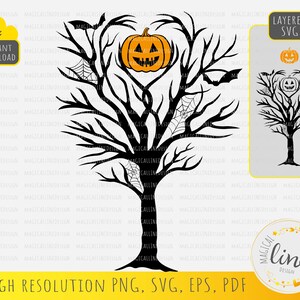 May include: A black silhouette of a bare tree with a jack-o'-lantern carved pumpkin hanging from a branch. The tree is surrounded by spiderwebs. The image is layered for easy editing.