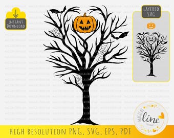Spooky Halloween Tree SVG, Witch, Pumpkin Face (Digital Download)