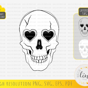 Skull Lover svg, Hand Drawn Skull svg, Sketch Skull Tattoo, Love Clipart, Heart Eyes eps, Romantic Skull Wall art, Cricut Silhouette