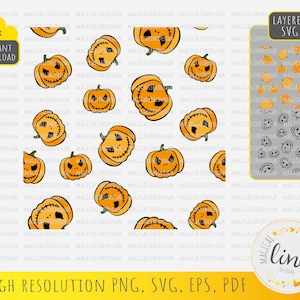 May include: A seamless pattern featuring orange jack-o'-lantern faces with stitched smiles on a white background. The pattern is available as a high-resolution PNG, SVG, EPS, and PDF file.  The image also includes a layered SVG file with individual jack-o'-lantern faces.