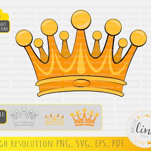 May include: A golden crown illustration with a detailed design, featuring multiple rounded points and a decorative base. The image includes the text "INSTANT DOWNLOAD" and "LAYERED SVG", along with file type information: "HIGH RESOLUTION PNG, SVG, EPS, PDF".
