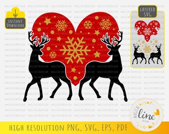 SVG de pareja de renos, plantilla de enamorados navideños, vector de corazón con copos de nieve (descarga digital)