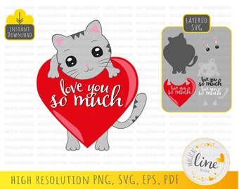 Cat and Red Heart Svg, Romantic Cat Clipart, i love you Svg, Cat in love Eps, Cat mom svg, Valentines day eps, Cat shirt design, Silhouette