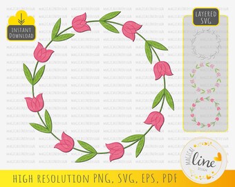 Clipart de corona de tulipán, marco de tulipán rosa Svg, círculo floral Svg, boda de tulipán rosa Svg, marco de primavera, cuero repujado, silueta Cricut