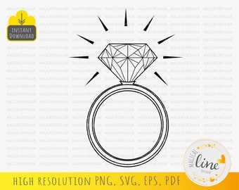 Pode incluir: Um desenho de linha preto e branco de um anel de noivado de diamante com um grande diamante no topo. O anel é cercado por um estouro de raios de luz.