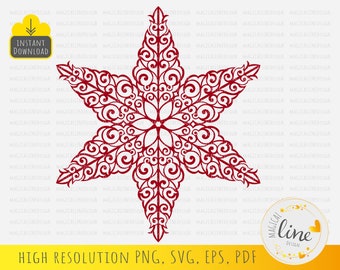 Adorno de estrella SVG, archivo vectorial de corte de copo de nieve navideño (descarga digital)