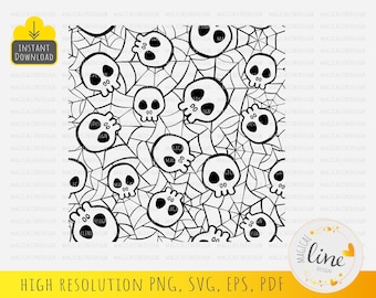 Skull and Spider Web Pattern, Seamless Pattern Svg, Halloween Eps, Spider Web Svg, Cartoon Skull Pattern, Skull Vector, Cricut Silhouette