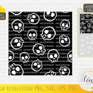 Skull Pattern Svg, Halloween Seamless Pattern Svg, Cartoon Skull Pattern, Hand Drawn Skull Svg, Vector Skull Eps, Cricut Silhouette