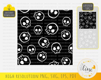 Patrón de calavera de Halloween, SVG vectorial sin costuras, silueta de Cricut (descarga digital)