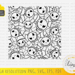 May include: Black and white seamless pattern featuring a repeating design of a smiling face with stitches and a spider web.