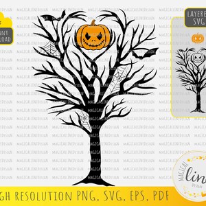 May include: Black silhouette of a bare tree with spiderwebs and a jack-o'-lantern in the branches. The tree is isolated on a white background.  Layered SVG.
