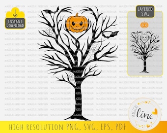 Halloween Tree Pumpkin Face SVG, Spooky Vector Art (Digital Download)