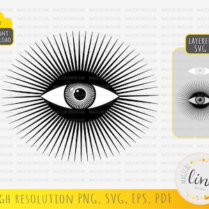 May include: Black and white illustration of an eye with radiating lines, resembling a sunburst. The eye is open and has a detailed pupil. The image is a layered SVG file.