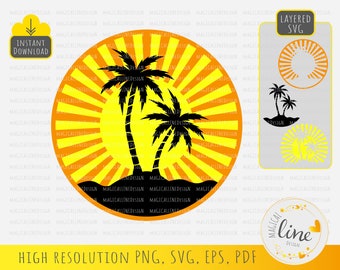 SVG retrô com pôr do sol de palmeiras, vetor para férias de verão (download digital)