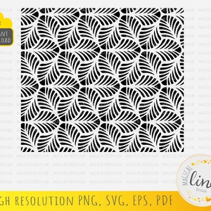 May include: Black and white geometric pattern with a repeating design of stylized leaves. The pattern is seamless and can be used for a variety of projects, such as fabric, wallpaper, or wrapping paper.