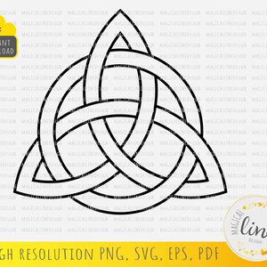 May include: A black and white outline of a Celtic knot, also known as a trinity knot. The knot is a symbol of unity, strength, and eternity.