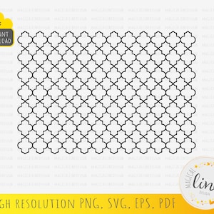 May include: Black and white geometric pattern with a repeating quatrefoil design. This digital download is available in PNG, SVG, EPS, and PDF formats.