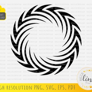May include: Black and white geometric design with a circular shape and a swirling pattern. The design is made up of a series of overlapping lines that create a sense of movement.