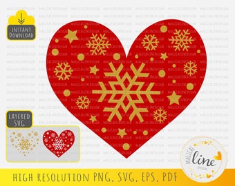 SVG de corazón de copo de nieve, archivo de corte para adorno navideño (descarga digital)