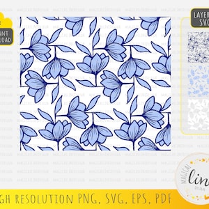 May include: A seamless pattern featuring blue flowers with dark blue outlines on a white background. The pattern is available in layered SVG format.