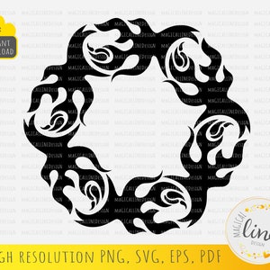 Puede incluir: Silueta en blanco y negro de un diseño de llama en forma circular. El diseño es intrincado y detallado, con un toque tribal. El diseño es perfecto para usar como logotipo, gráfico o plantilla.