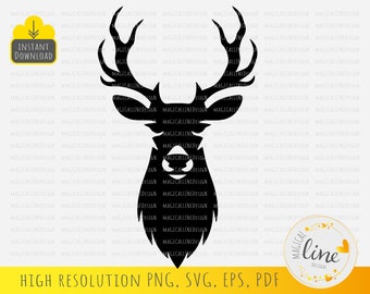 Hertenkop silhouet, rendiergewei (svg, eps, png, pdf) (digitale download)