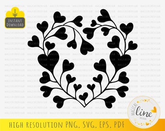 Floral Heart Svg, Heart leaves Svg, Heart Ornament Eps, Vector Heart Branch Svg, Heart Paper Cut File, Heart Stencil, Silhouette Cricut