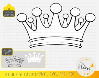 May include: A black and white outline of a crown with a rounded top and five points. The crown has a band at the bottom.