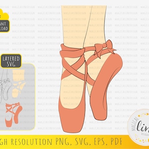May include: A digital illustration of a pair of pink ballet shoes with a bow on the top. The shoes are tied with ribbons and the illustration is in a layered SVG format.