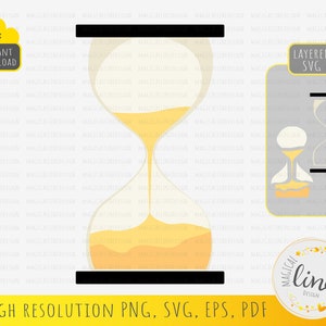 Könnte beinhalten: Eine mehrschichtige SVG-Datei eines gelben Sanduhr mit schwarzen Linien. Die Sanduhr befindet sich auf einem weißen Hintergrund mit dem Text "INSTANT DOWNLOAD" und "HIGH RESOLUTION PNG, SVG, EPS, PDF" am unteren Rand. Der Text "LAYERED SVG" befindet sich in einem grauen Feld auf der rechten Seite des Bildes. Der Text "Magical line design" befindet sich in einem Kreis mit einem gelben Herzen und Sternen.