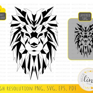 May include: Black and white geometric lion head design. The lion's mane is made up of triangles and the lion's face is detailed with a nose, eyes, and mouth. The design is layered and can be used for crafting, cutting, or printing.