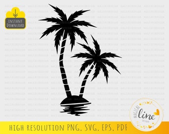 May include: Black and white silhouette of two palm trees with trunks and leaves. The trees are on a small island with a reflection of the island in the water below.