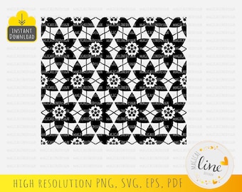 Patrón de encaje de flores Svg, patrón vintage sin costuras, Eps de cuero repujado, vector de encaje floral, patrón de encaje de flores, arte de pared, silueta Cricut