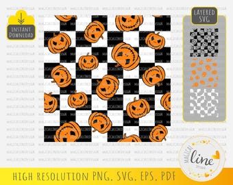 Checkered Pumpkin Face Pattern, Seamless Halloween Pattern Svg, Pumpkin Face Vector, Jack Pumpkin Eps, Halloween Decor, Silhouette Cricut