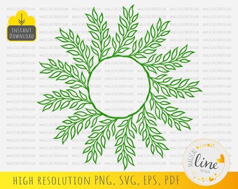 May include: A green leafy wreath with a circular frame in the center. The wreath is made of stylized leaves and branches.