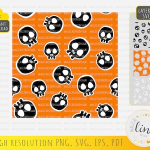 Halloween Skull Pattern Svg, Seamless Pattern, Simple Skull, Cartoon Skull Eps, Hand Drawn Skull Svg, Vector Skull Eps, Cricut Silhouette