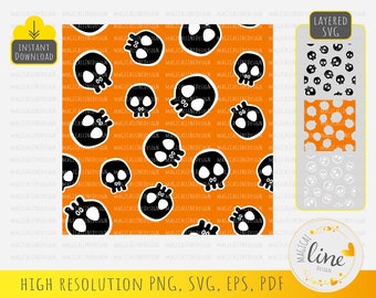 Patrón de calavera de Halloween Svg, patrón sin costuras, calavera simple, calavera de dibujos animados Eps, calavera dibujada a mano Svg, calavera vectorial Eps, silueta de Cricut