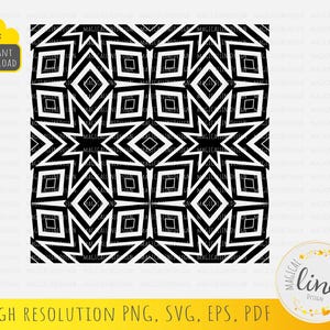 May include: Black and white geometric pattern with repeating diamond and star shapes. The design is a high-resolution PNG, SVG, EPS, and PDF file. Includes the text "Instant Download" and "Magical Line Design".